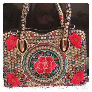 Brocade Damask on black red roses handbag handles